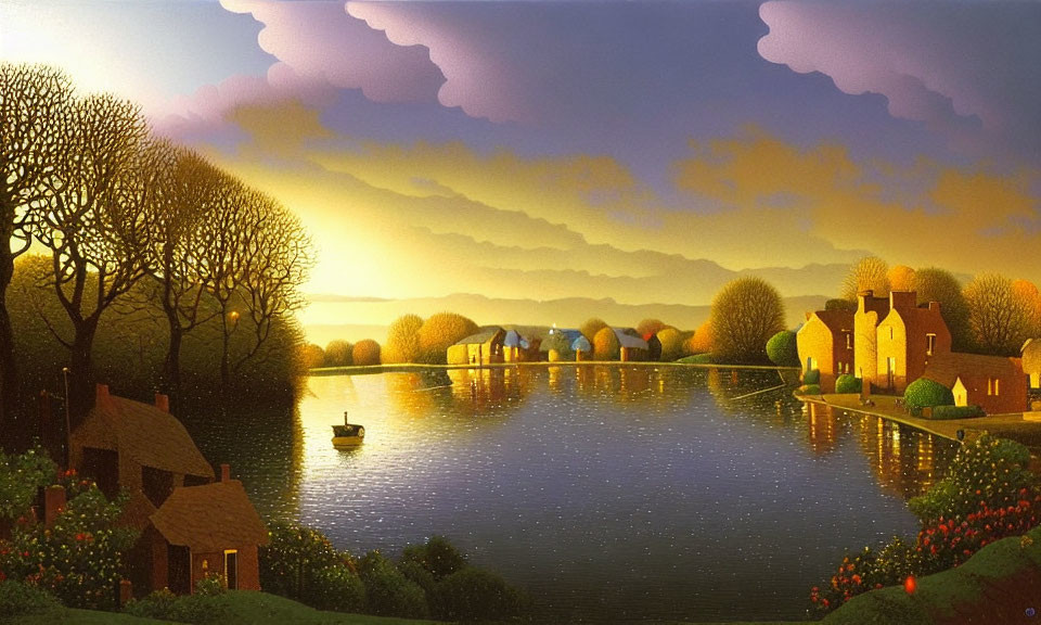 Scenic sunset village by river with houses, boat, trees, and flowers