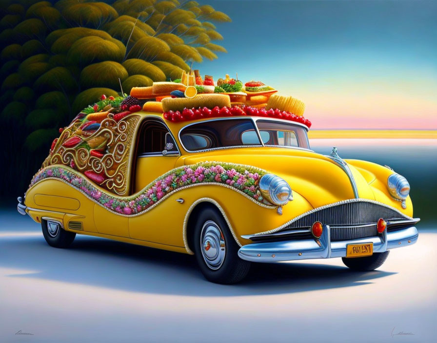 Vintage Yellow Car Decorated with Flowers and Fruits at Sunset