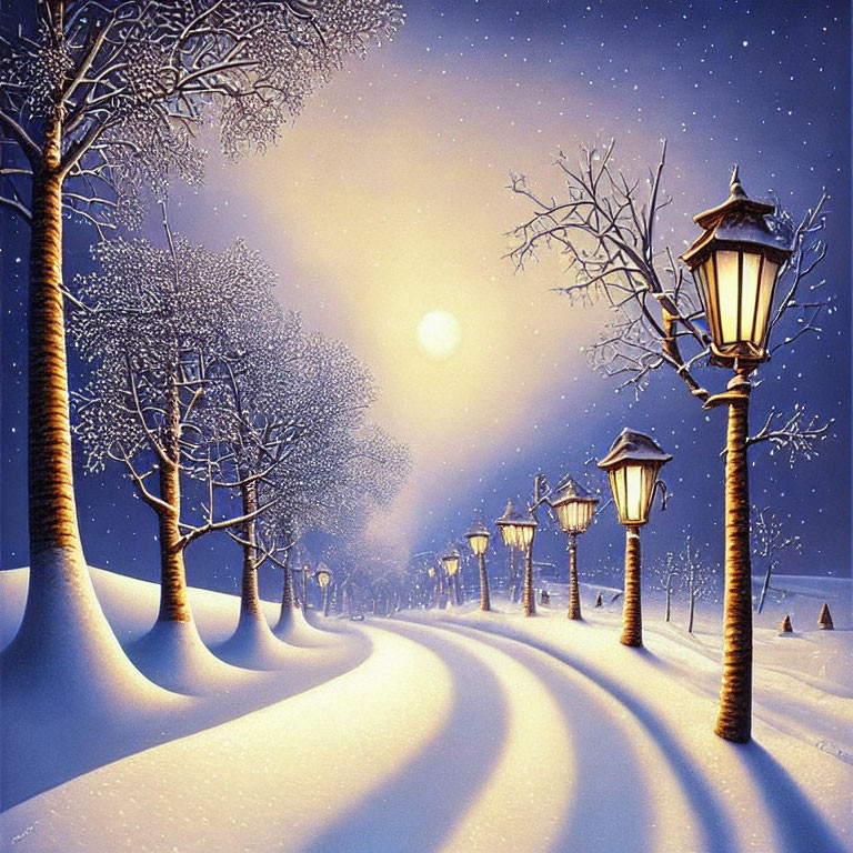 Snow-covered trees under full moon and street lamps on snowy path