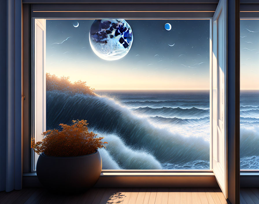 Giant moon over ocean waves crashing into room at twilight