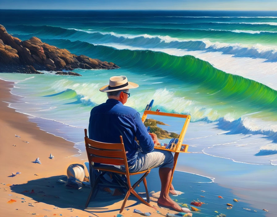 Artist painting waves by the sea with rocks and sand in background