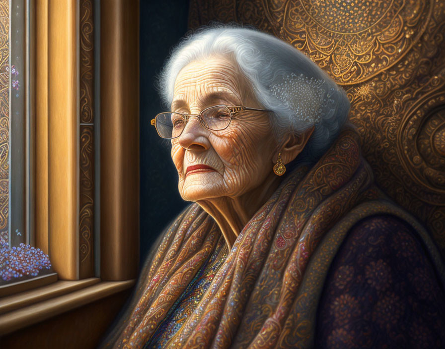 Elderly woman in glasses and shawl looking out window with intricate patterns.