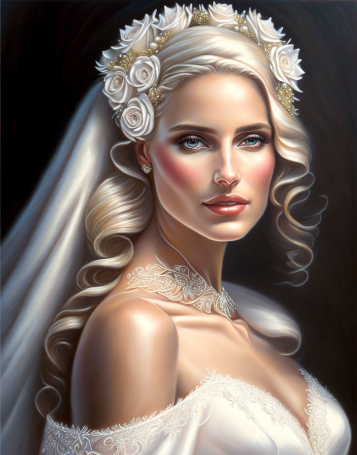 Blonde bride with floral headpiece in lacy gown