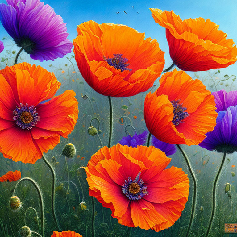Colorful Orange and Purple Poppies Against Blue Sky with Green Stems