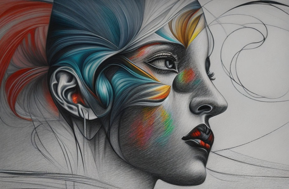 Grayscale drawing of a woman's face with colorful splashes blending realism and abstract elements