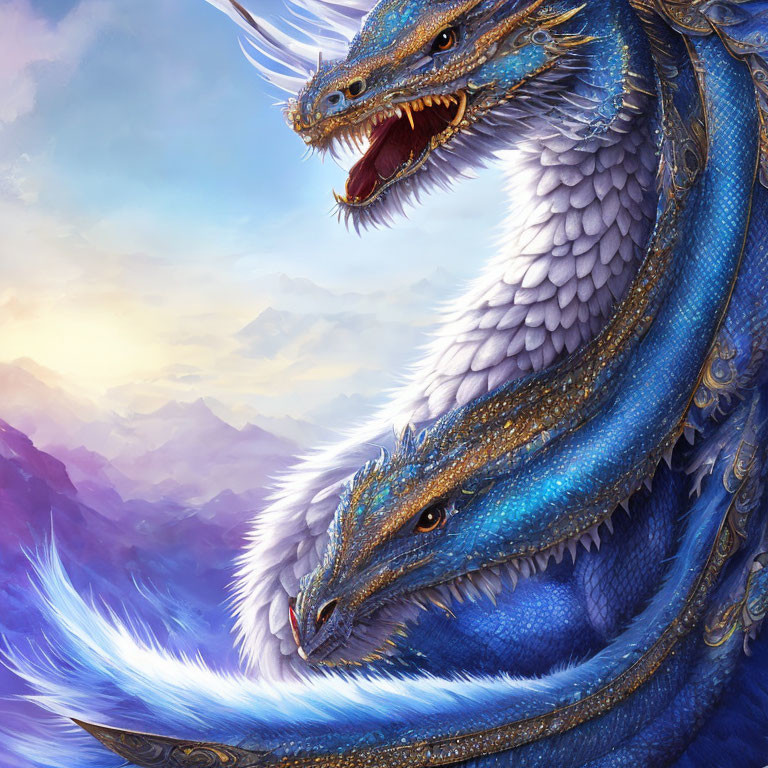 Majestic blue dragons in vibrant digital artwork