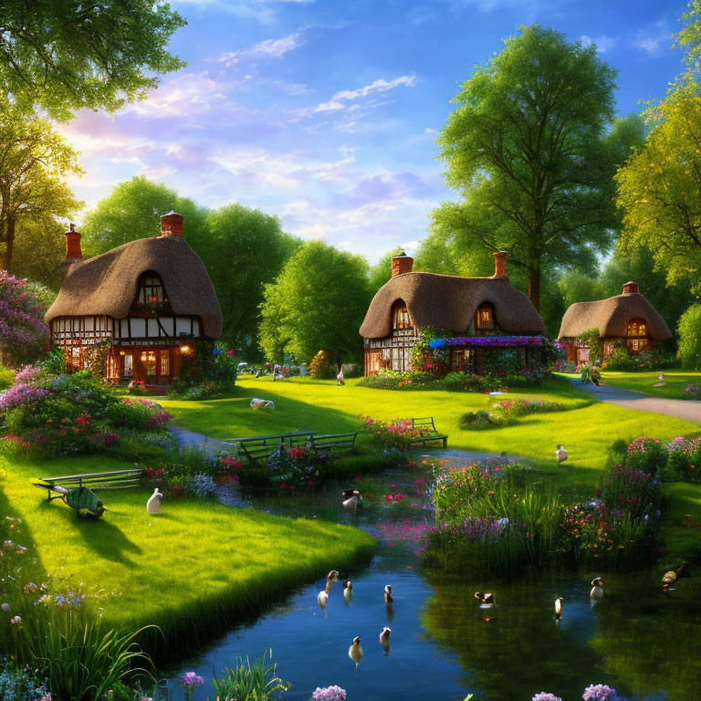 Tranquil countryside scene with cottages, flowers, trees, river, swans, and blue