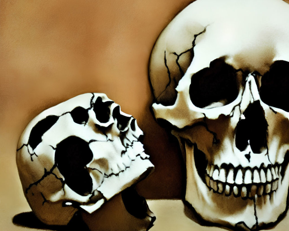 Human skulls contrasted on brown background with eerie vibe