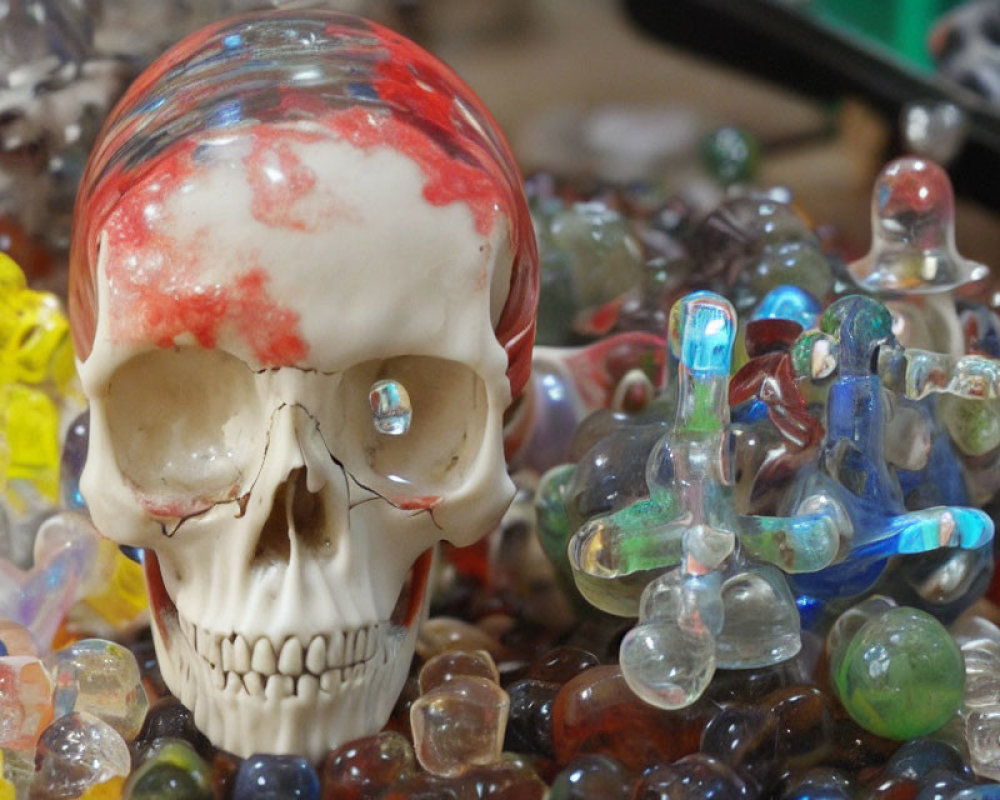 Transparent Glass Skull with Red Detailing Surrounded by Colorful Glass Objects