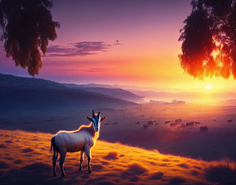 a goat looking at a sunset