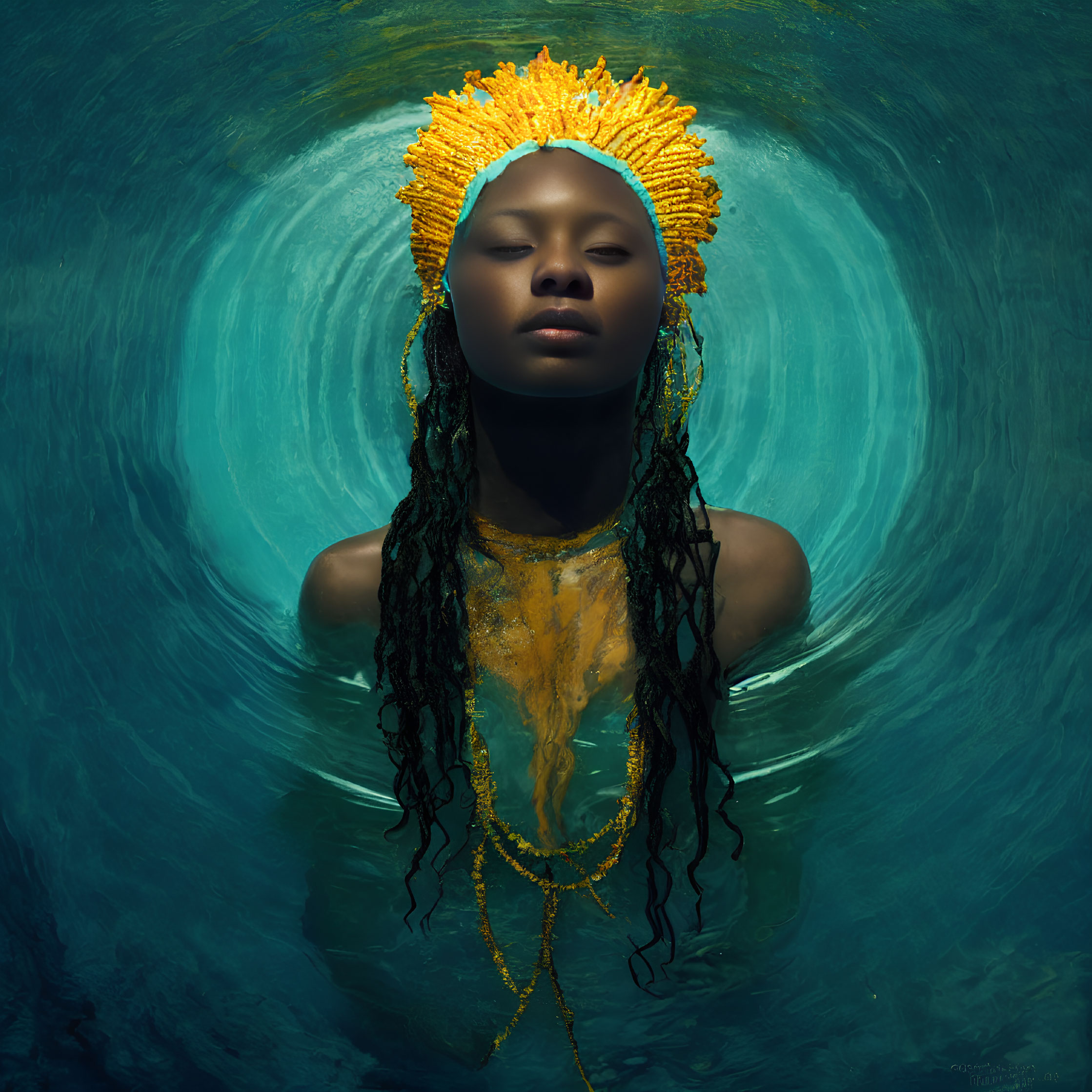 Person in Yellow Headpiece Emerges from Blue Waters