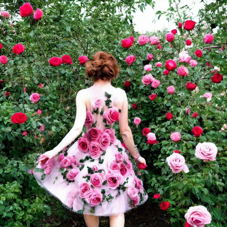 Woman in Floral Dress Blending with Rose Bush Background