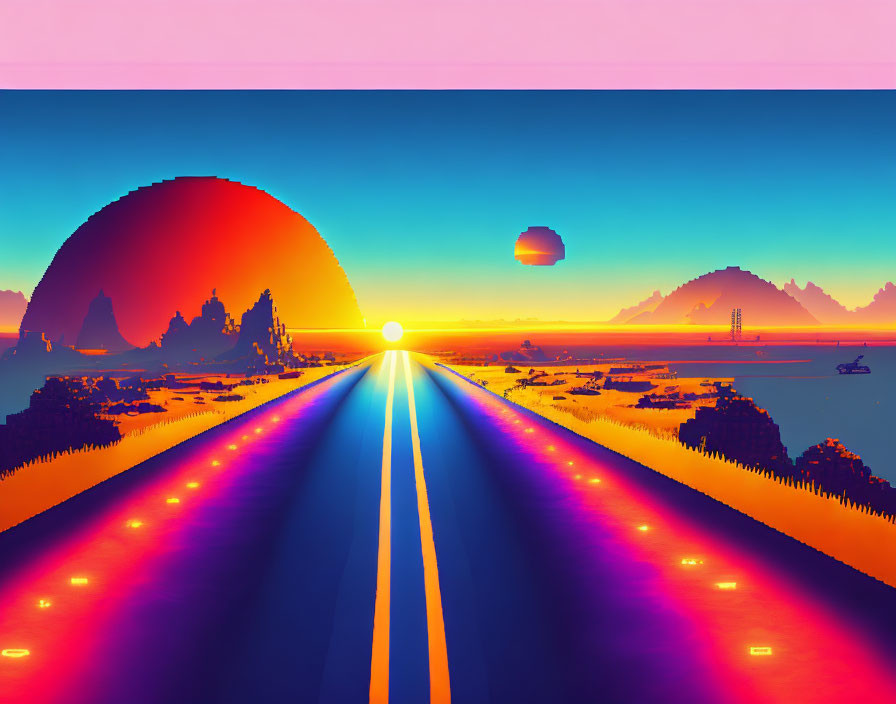 Retro video game sunset in horizon.