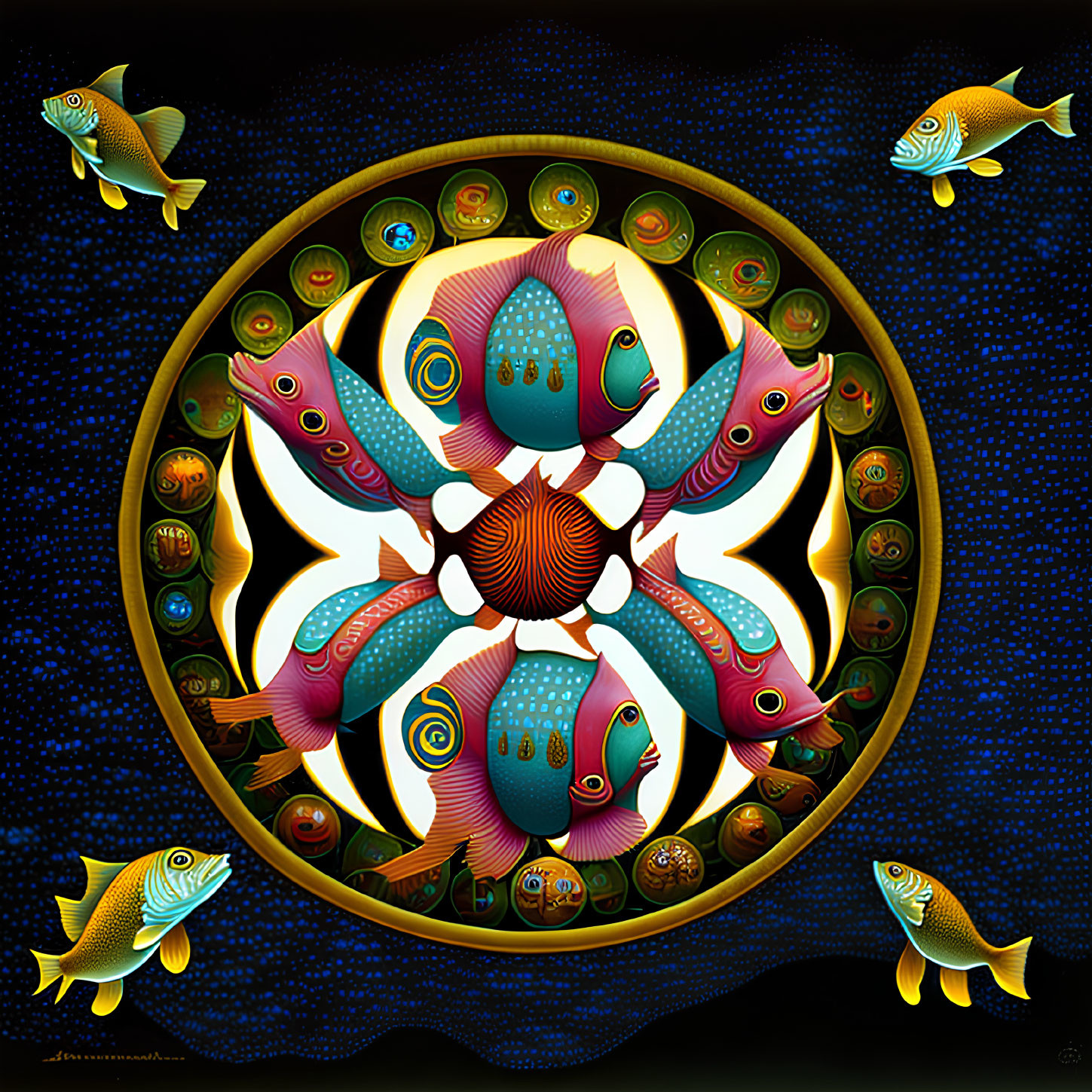 Symmetrical Fish Kaleidoscope Artwork on Dark Background