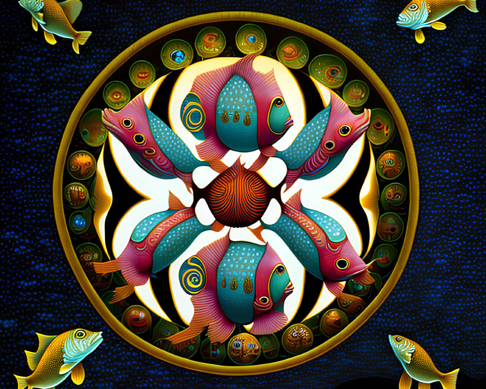 Symmetrical Fish Kaleidoscope Artwork on Dark Background