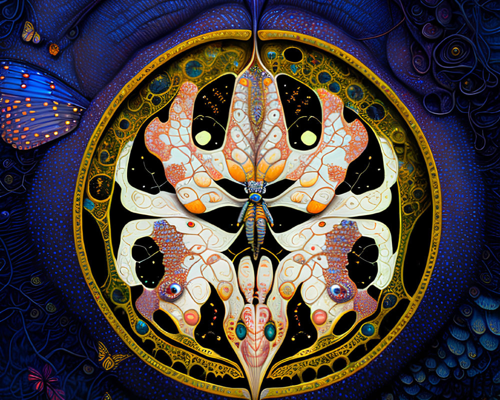 Symmetrical butterfly-themed artwork with intricate patterns on dark, textured background