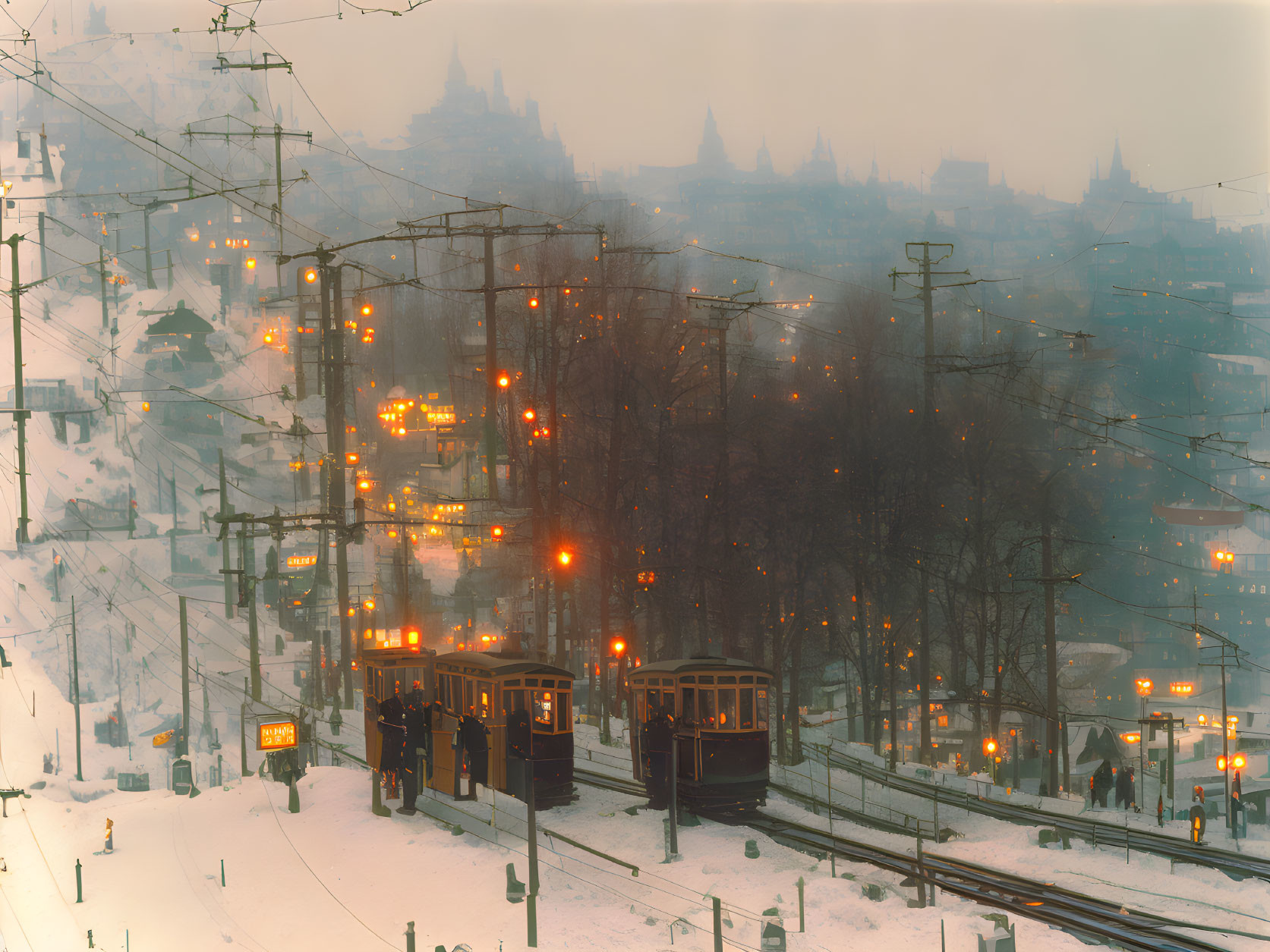 Snow-covered vintage trams in twilight city fog with warm glowing lights