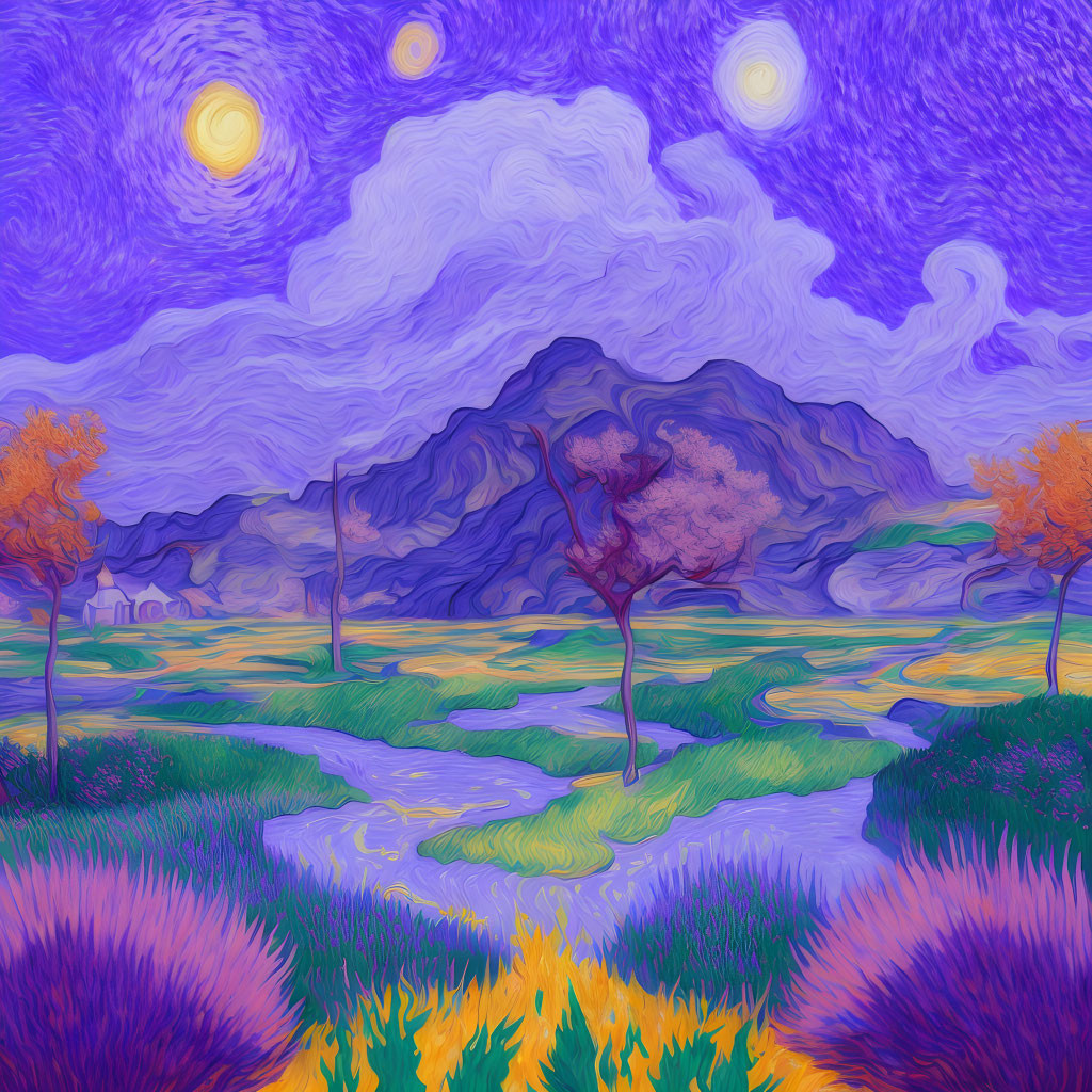 Colorful swirling skies, bright stars, mountain backdrop, tree, and meadow landscape.
