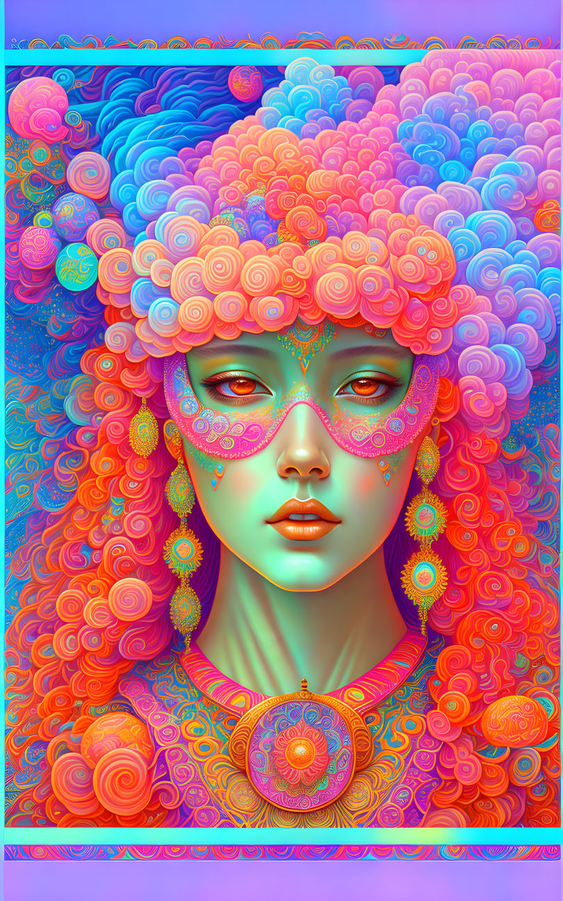 Colorful digital artwork of woman with intricate makeup and patterns on hair and clothing.