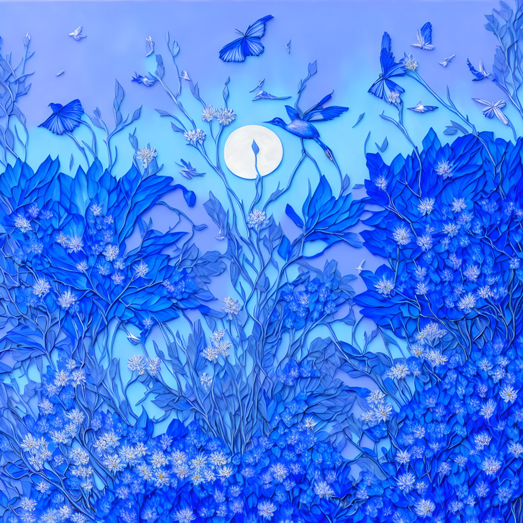 Surreal blue artwork with floral motifs, butterflies, and white clock
