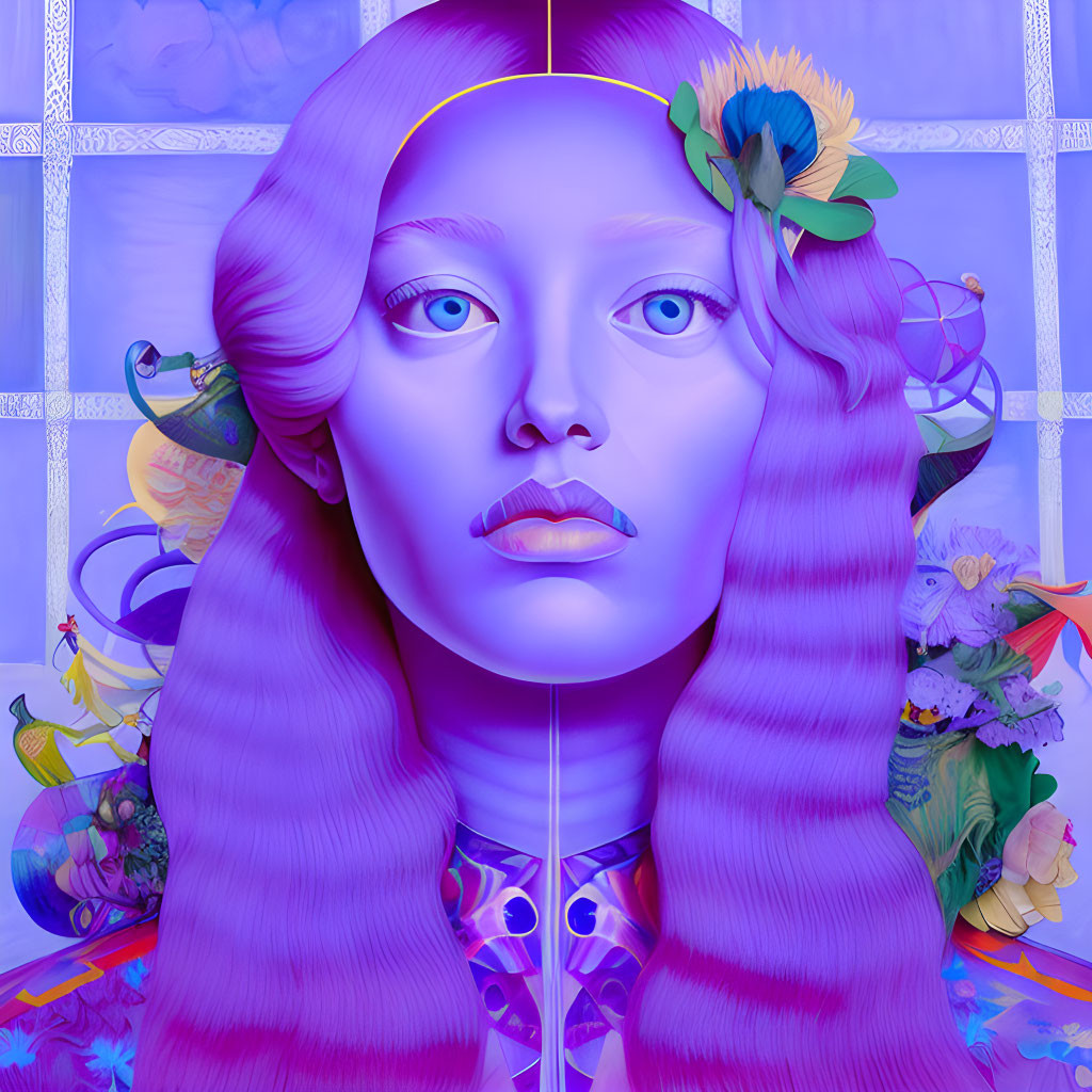 Surreal portrait: Woman with lilac hair, split-tone face, classical decor, floral hair