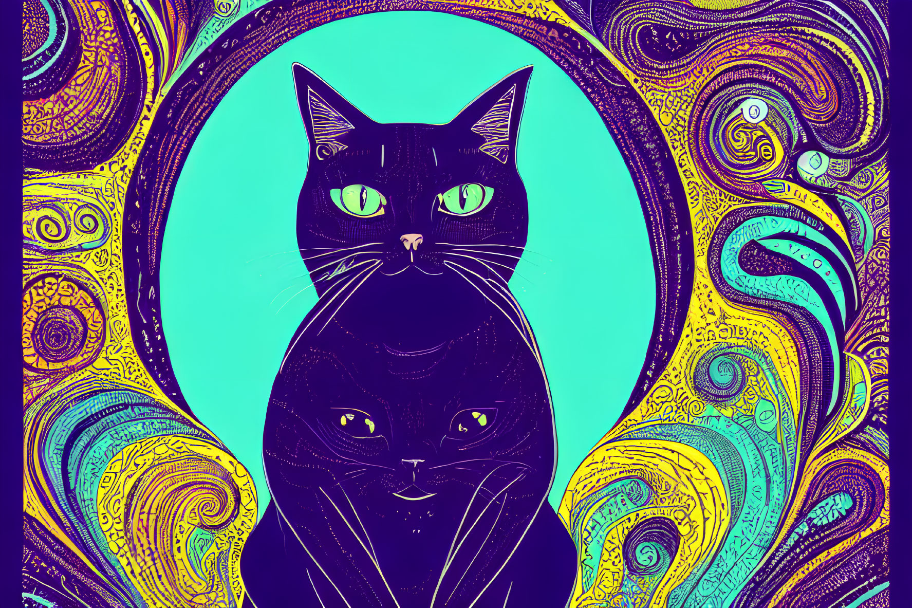 Colorful Psychedelic Swirl Background with Black Cat Illustration