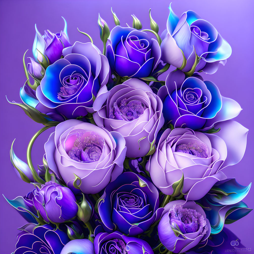 Stylized purple and blue roses on a vibrant background