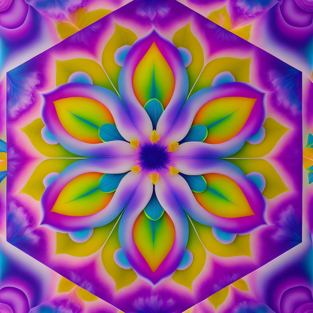 Colorful Symmetrical Floral Fractal Pattern in Digital Art