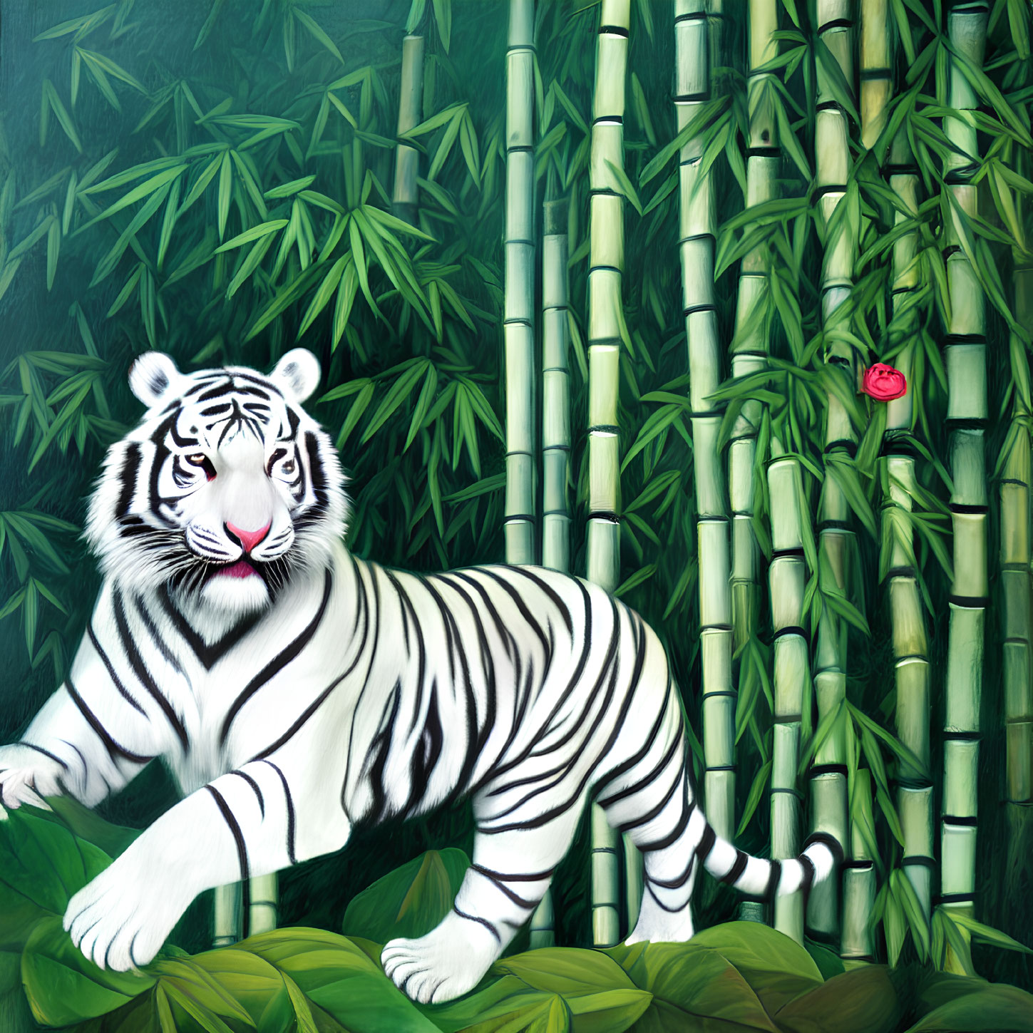 White Tiger Surrounded by Green Bamboo and Rose