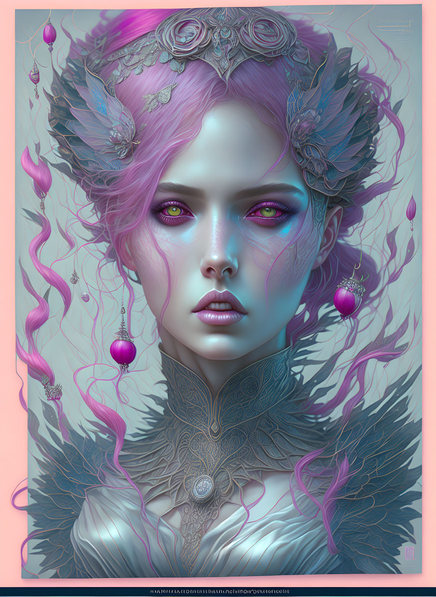 Portrait of fantasy female character with purple hair and ornate silver jewelry