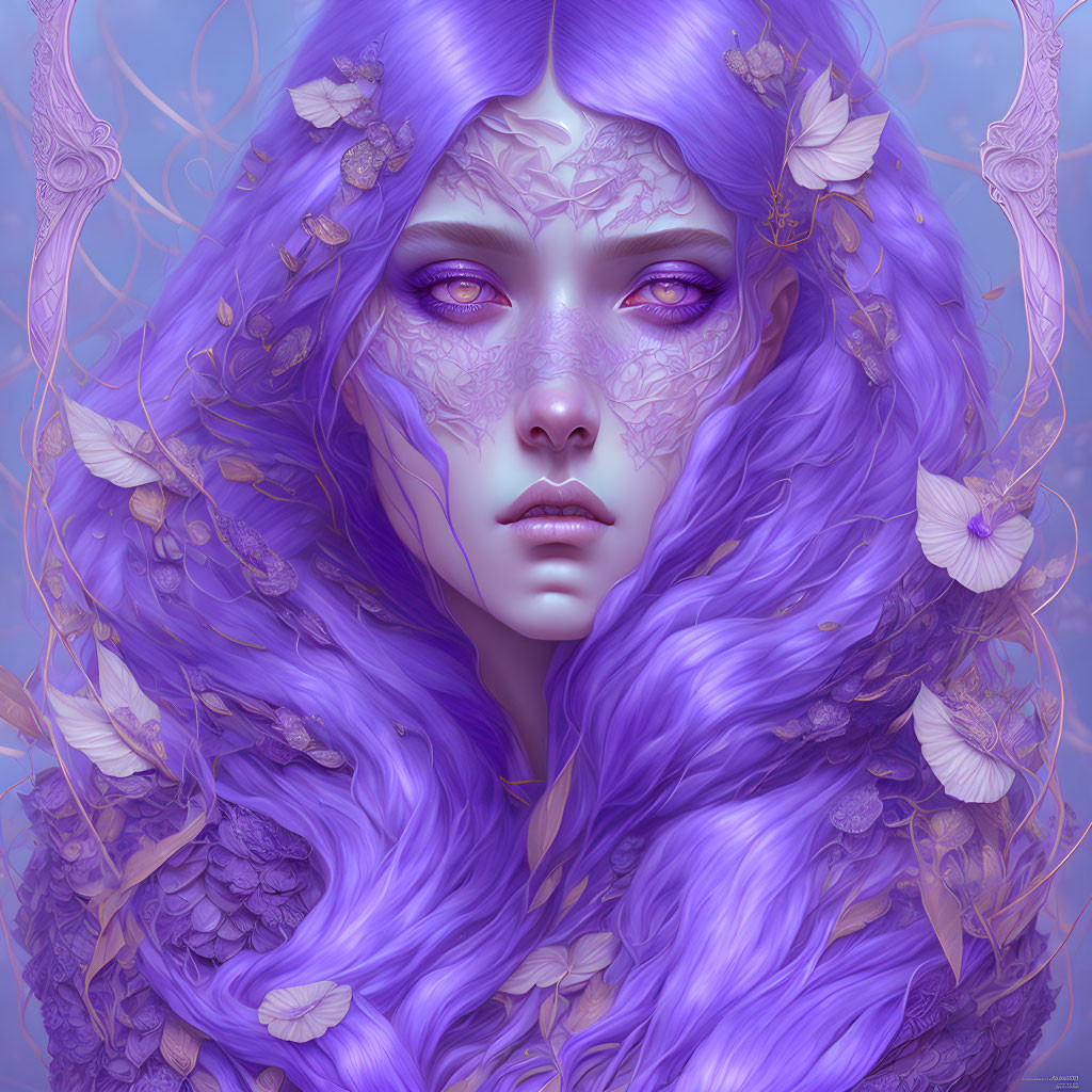 Fantasy portrait: purple skin, white facial markings, violet hair with flowers.