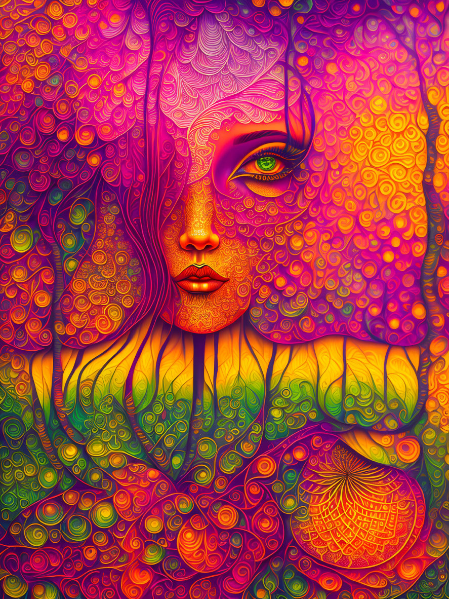 Colorful Psychedelic Woman's Face Illustration with Abstract Background