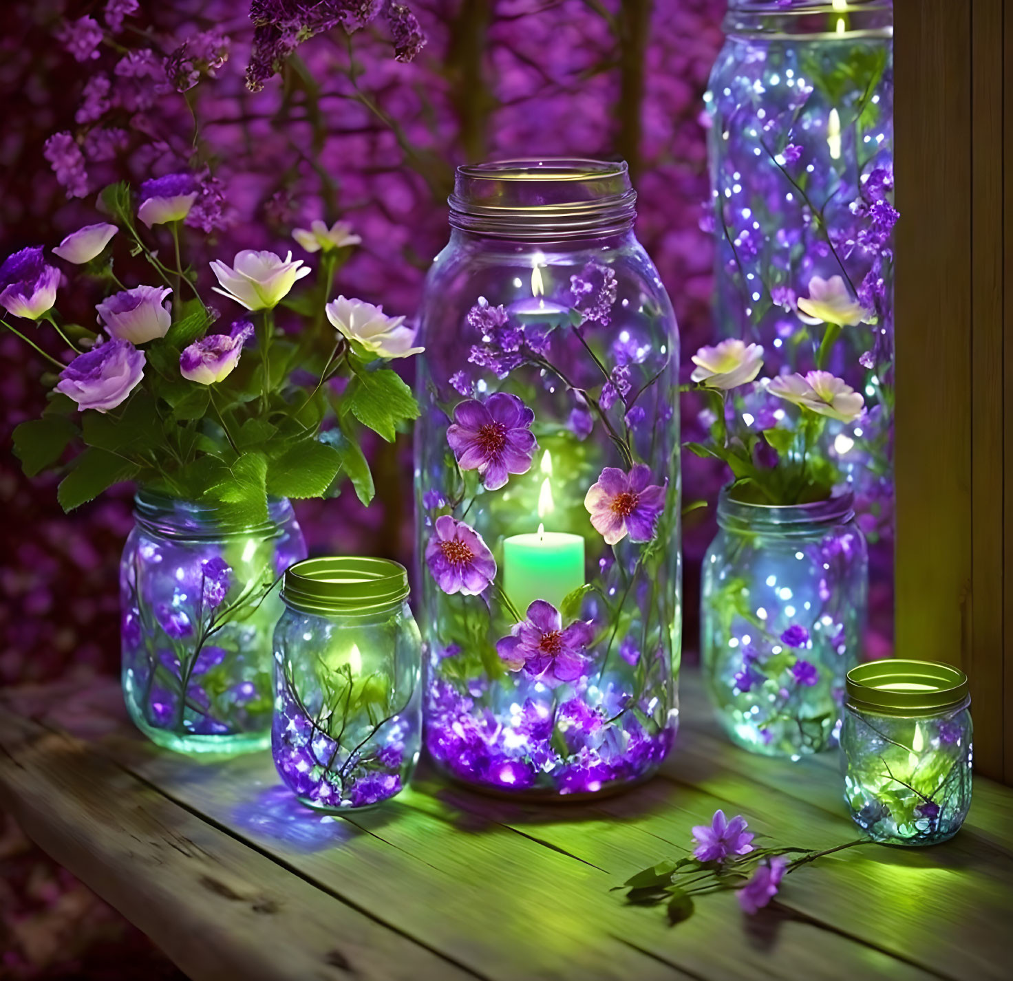 Beautiful purple mason jars with luminescent flowe