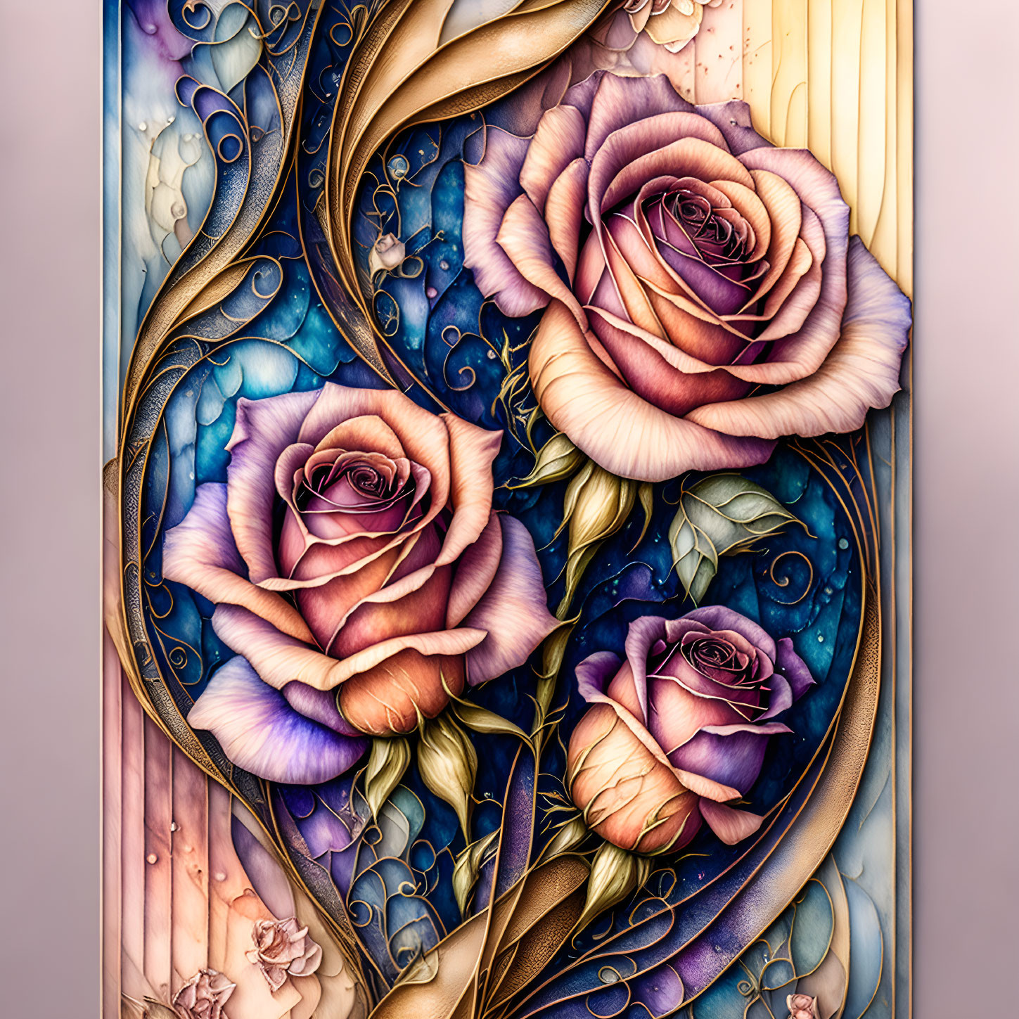 Stylized illustration of blooming roses in pink and purple with golden swirls