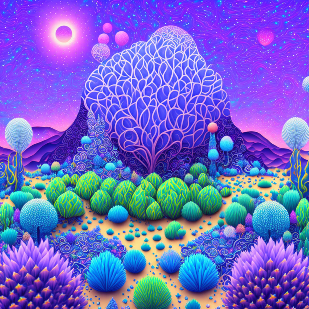 Colorful Psychedelic Landscape with Neural Pathway Tree & Fantastical Flora
