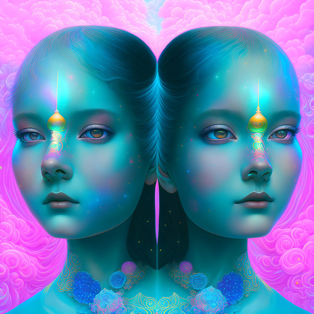 Vibrant blue skin woman in mirrored portraits with cosmic patterns on psychedelic background