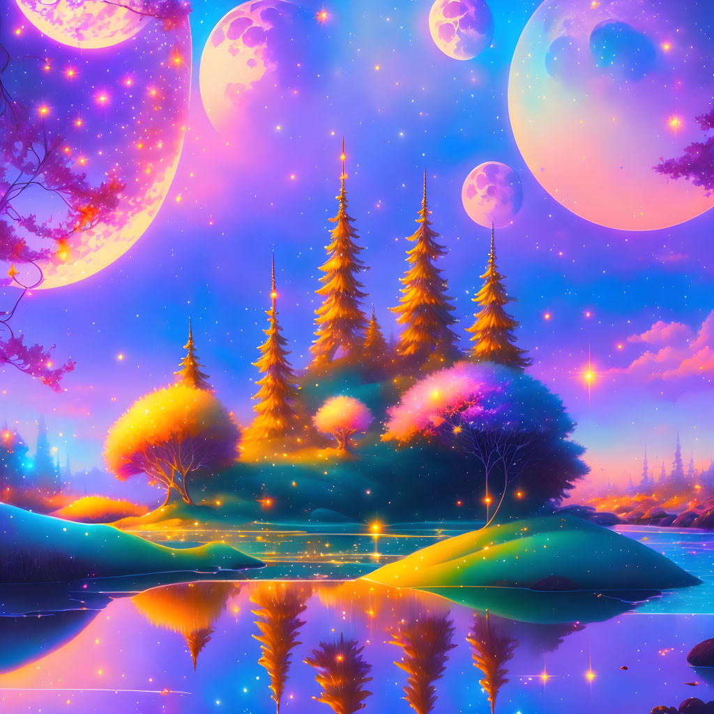 Fantasy landscape with multiple moons, glowing trees, and reflective river