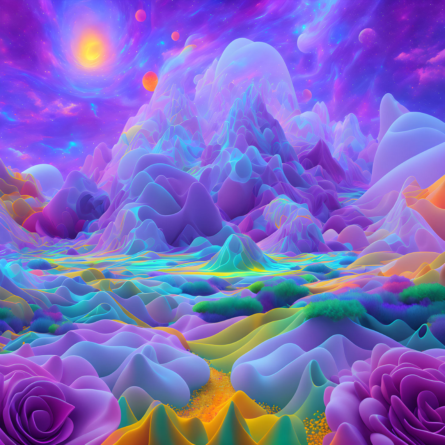 Surreal digital artwork: vibrant neon landscape with cosmic sky