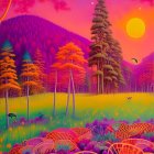 Vibrant sunset landscape with whimsical trees and figures