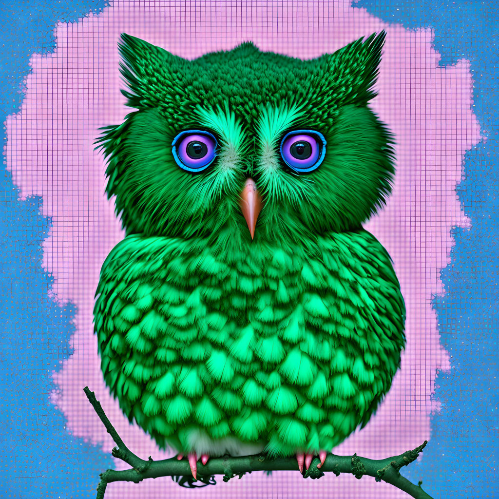 Colorful digital illustration of green owl with blue eyes on branch in pink checkered backdrop