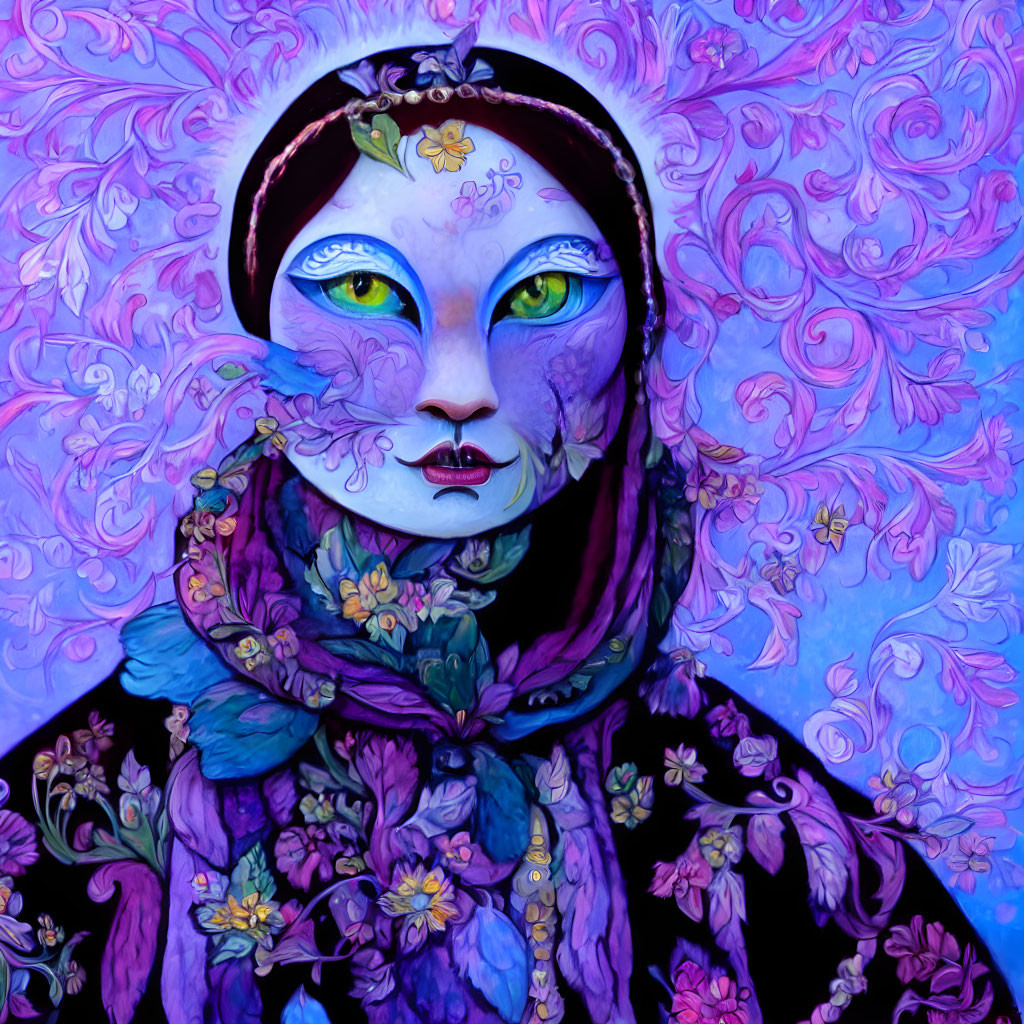 Colorful digital artwork: Female figure with cat-like eyes and floral adornments on purple floral background