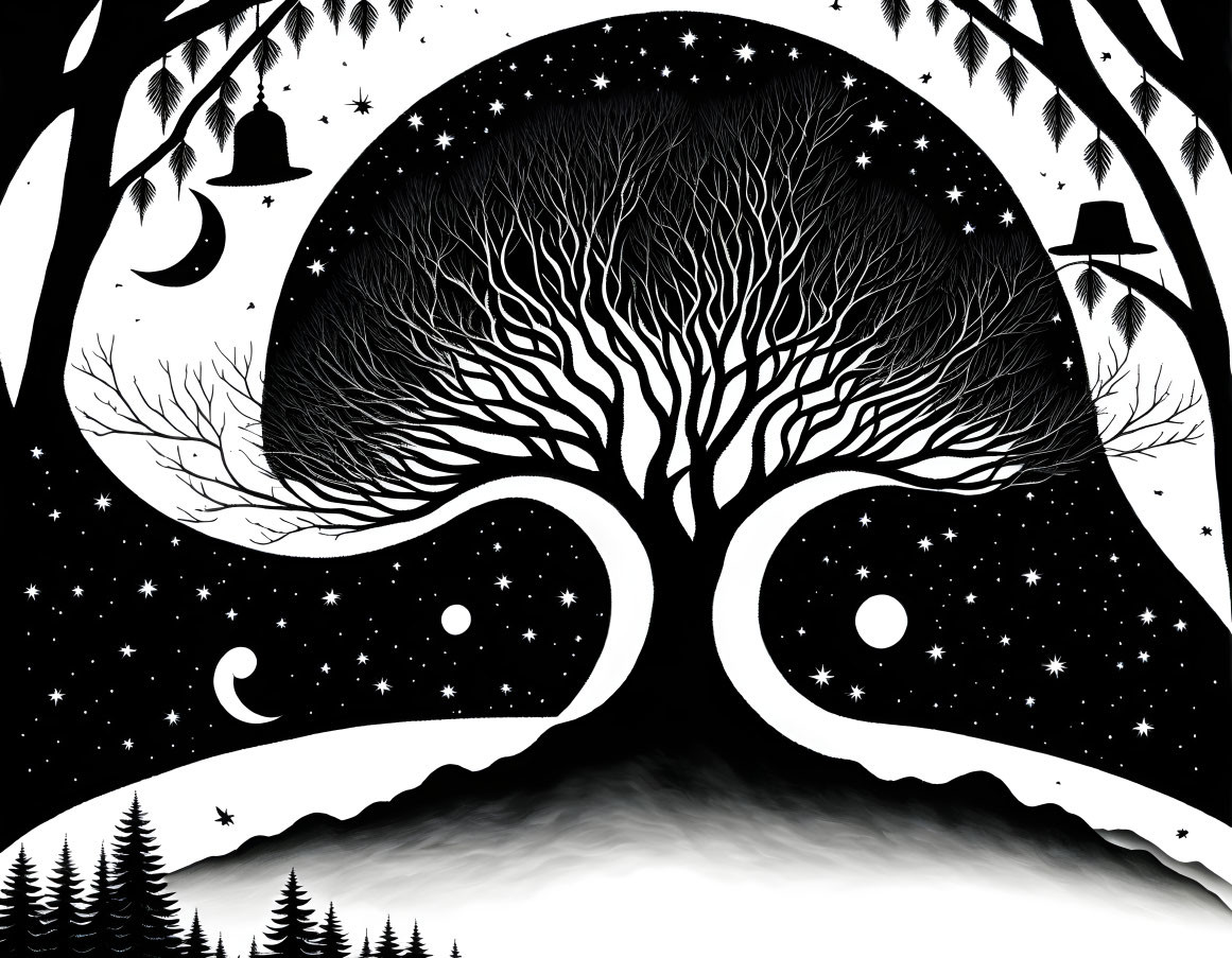  Black sky, big white moon, a tree with numerous b