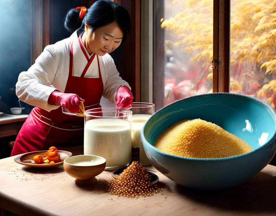 chinese woman making sherbet a mixture of rice, mi