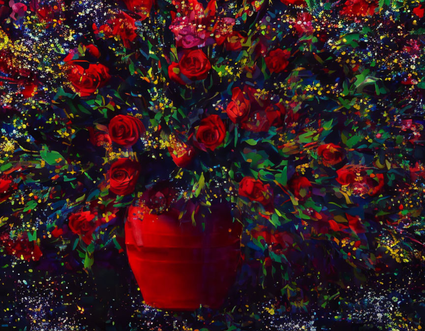 Colorful painting of red pot with blooming roses and abstract backdrop