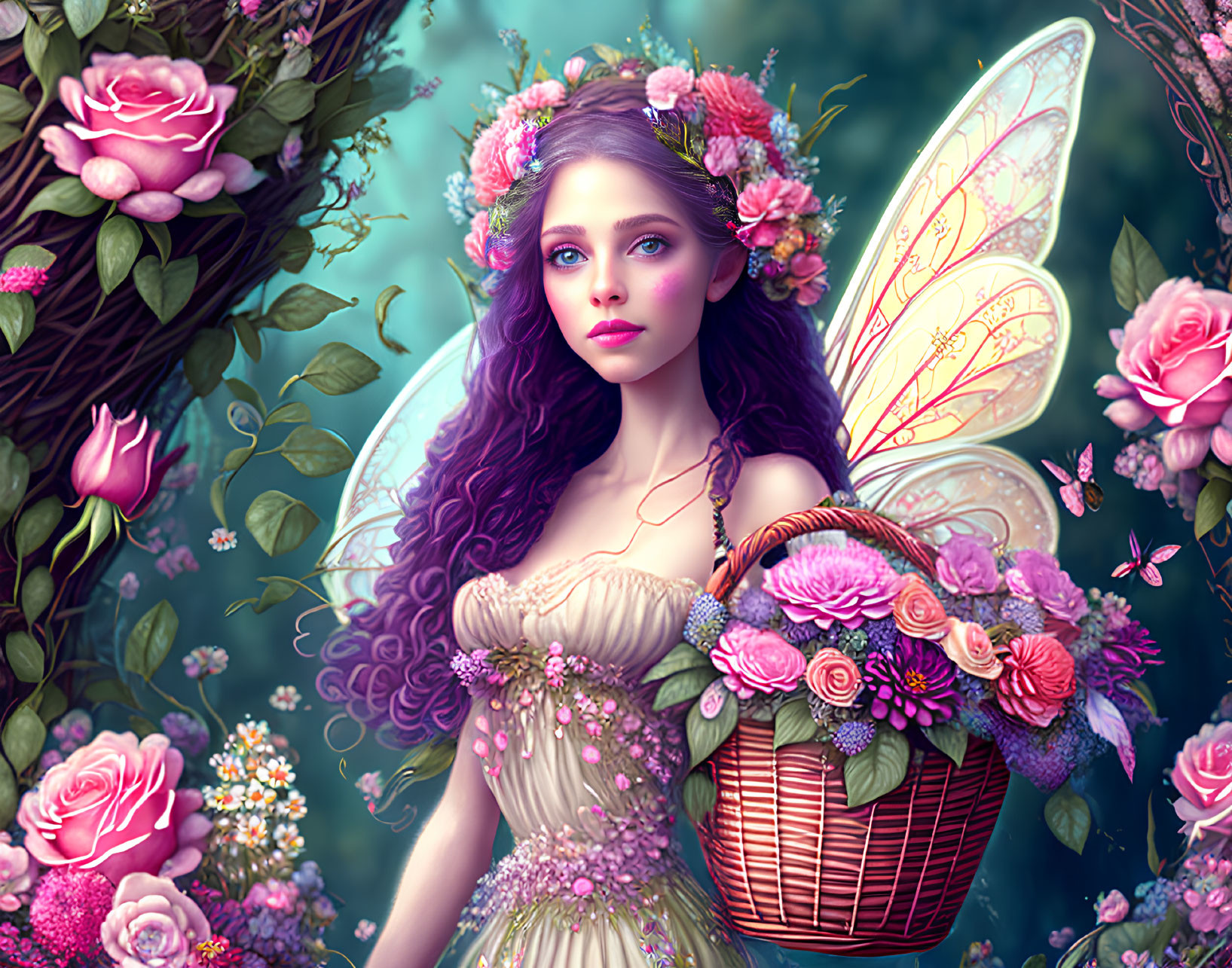 Enchanting fairy with translucent wings among roses in magical forest