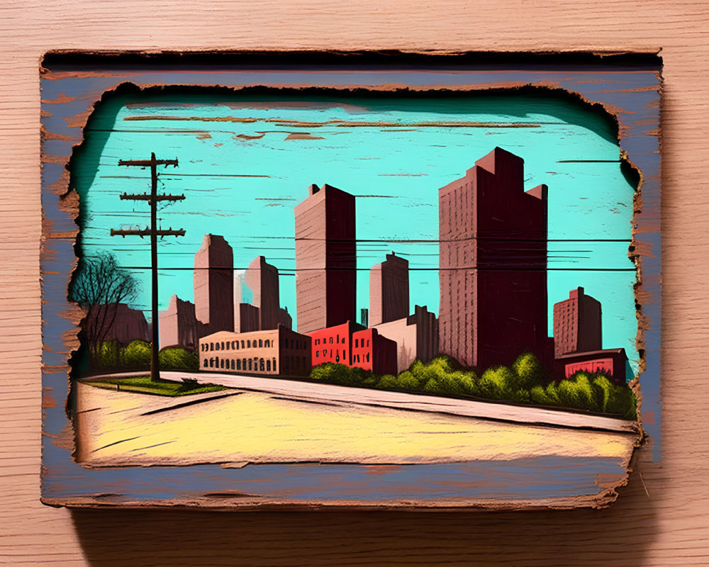 Cityscape painting featuring urban skyscrapers and road on tattered canvas, wooden table background