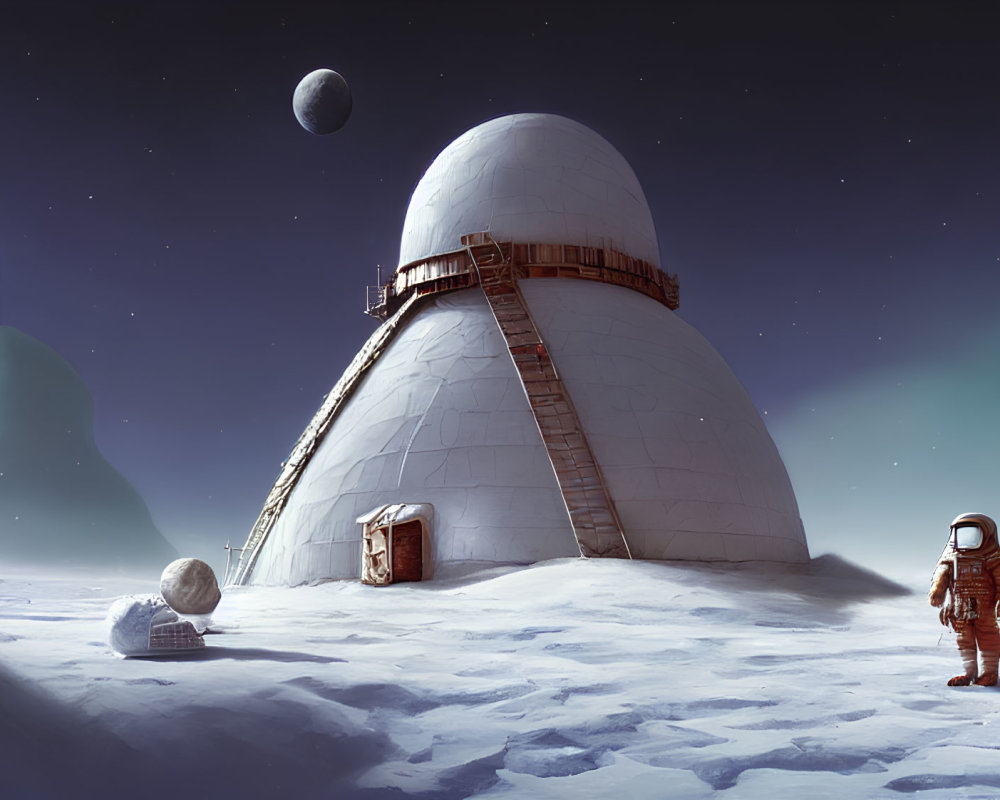 Astronaut in Snowy Terrain with Dome Structure and Planets in Twilight Sky