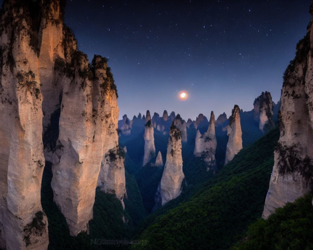 Moonlit Night Over Jagged Peaks with Starry Sky