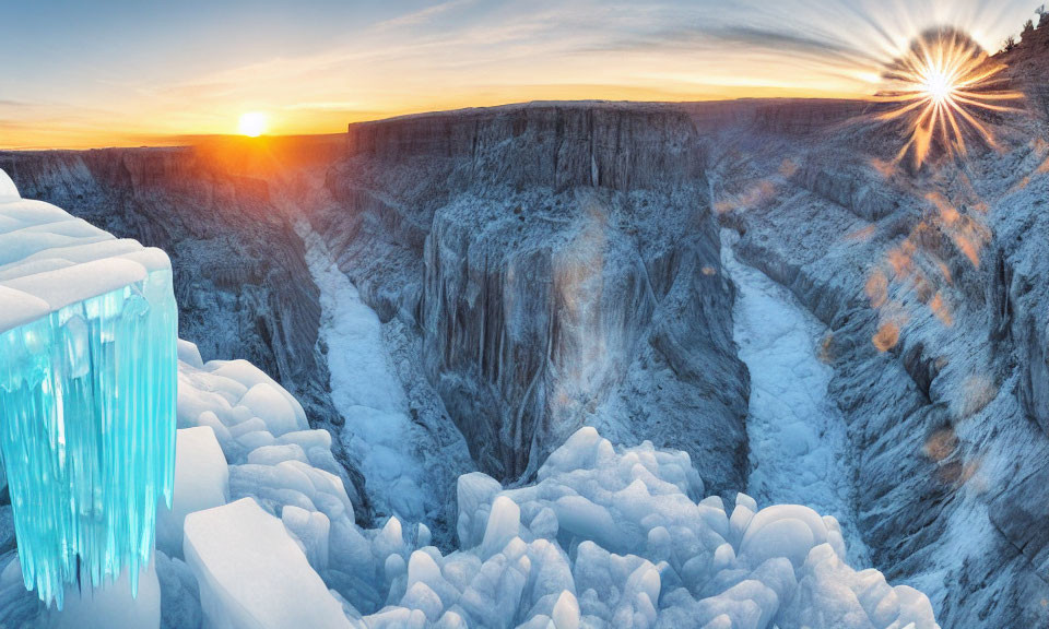 Frozen canyon sunrise with icicles and starburst effect.