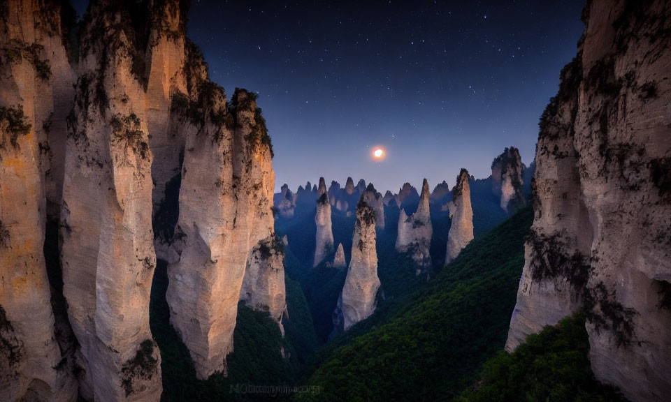 Moonlit Night Over Jagged Peaks with Starry Sky